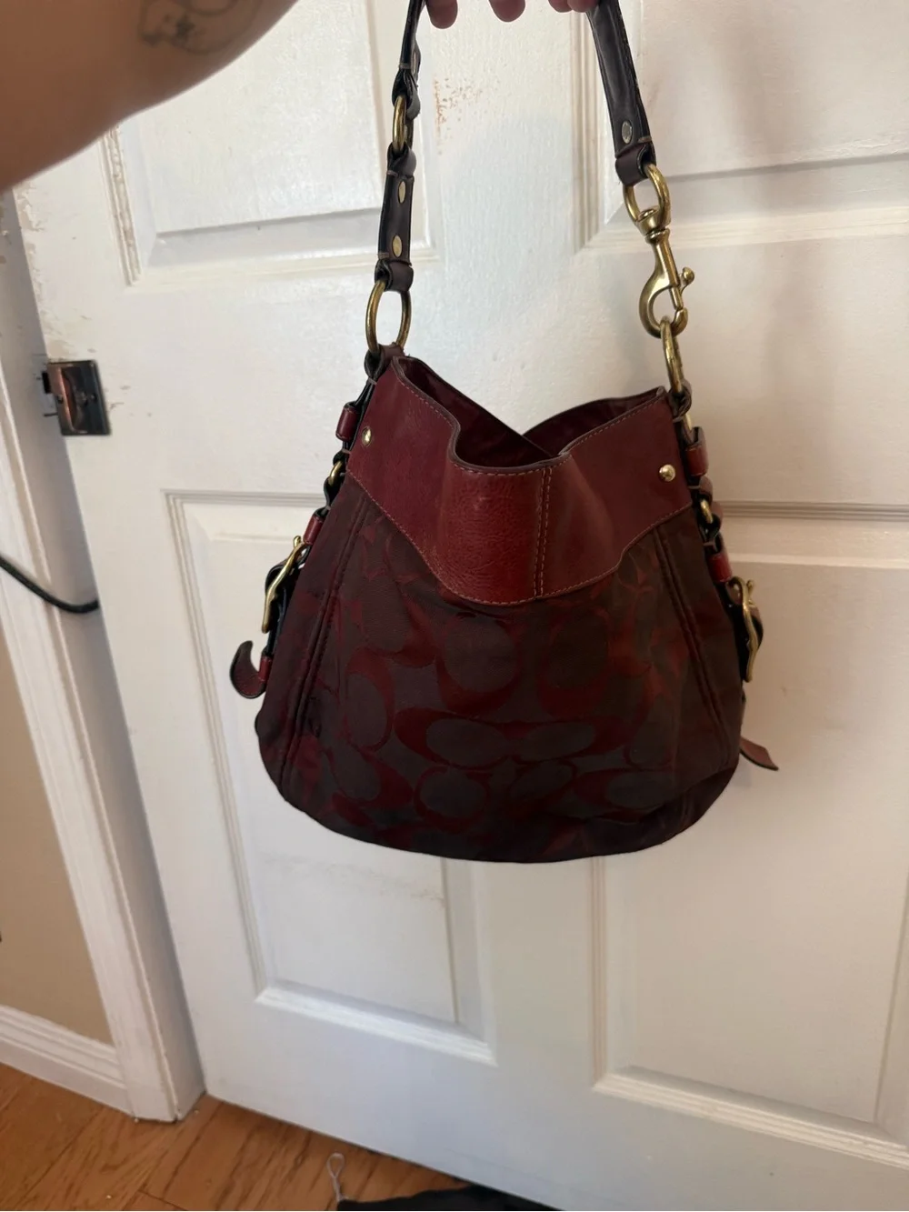 COACH Zoe Signature Burgundy Signature Canvas Shoulder Bag with Leather Trim